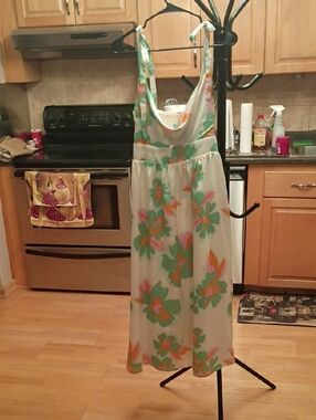 Women’s Floral Tie-Shoulder Maxi Dress in White with Green & Orange Print